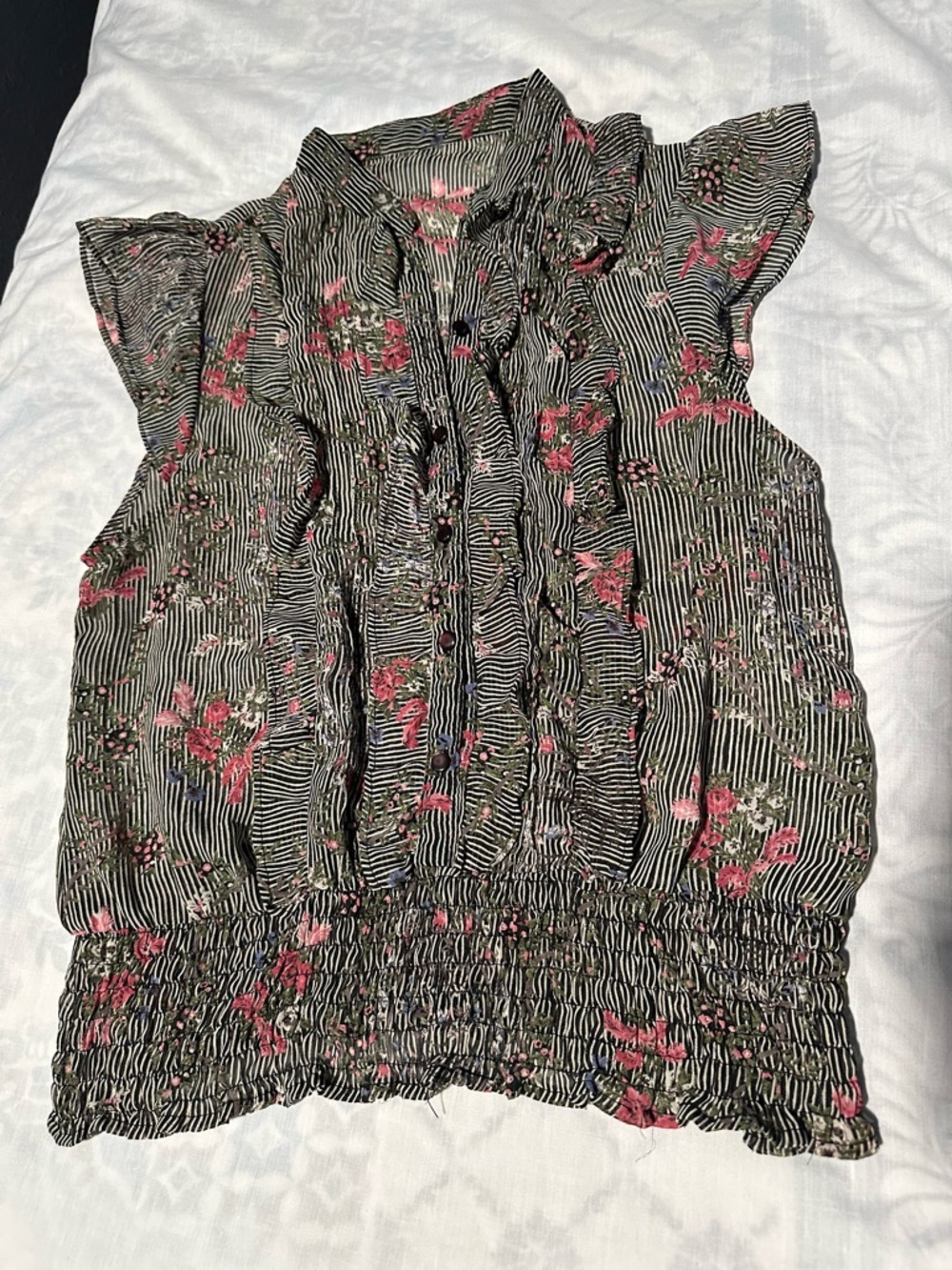 Ruffled Sleeveless Floral Cami - Black with Pink Floral